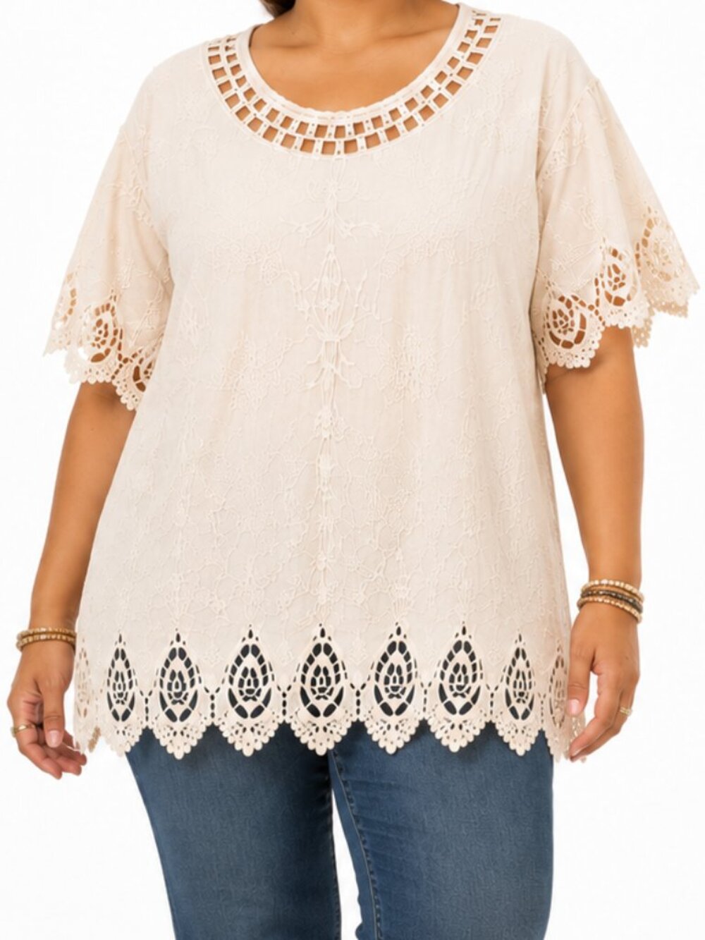 Miss Tian Cream Crochet Boho Chic Cottagecore Flowy Neutral Tunic Top [sz L/XL]